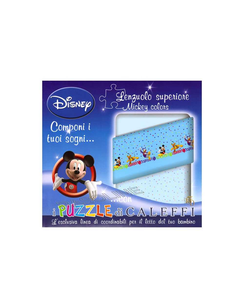 Lenzuolo Sopra Topolino - Mickey Colors - Esclusiva Linea Puzzle Di Caleffi- Colore Azzurro