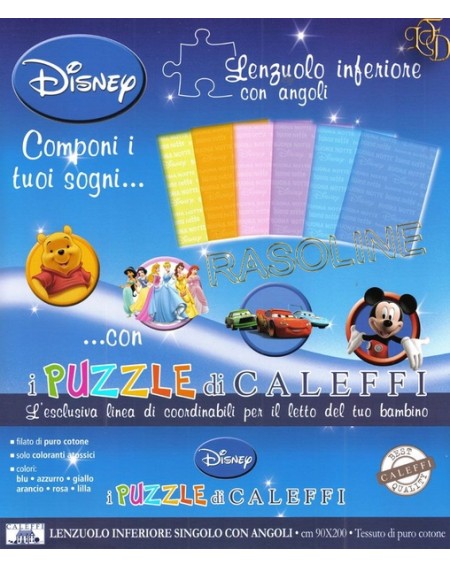 Lenzuolo Sotto Con Angoli Disney Puzzle Caleffi  Blu Azzurro Giallo Arancio Lilla e Rosa