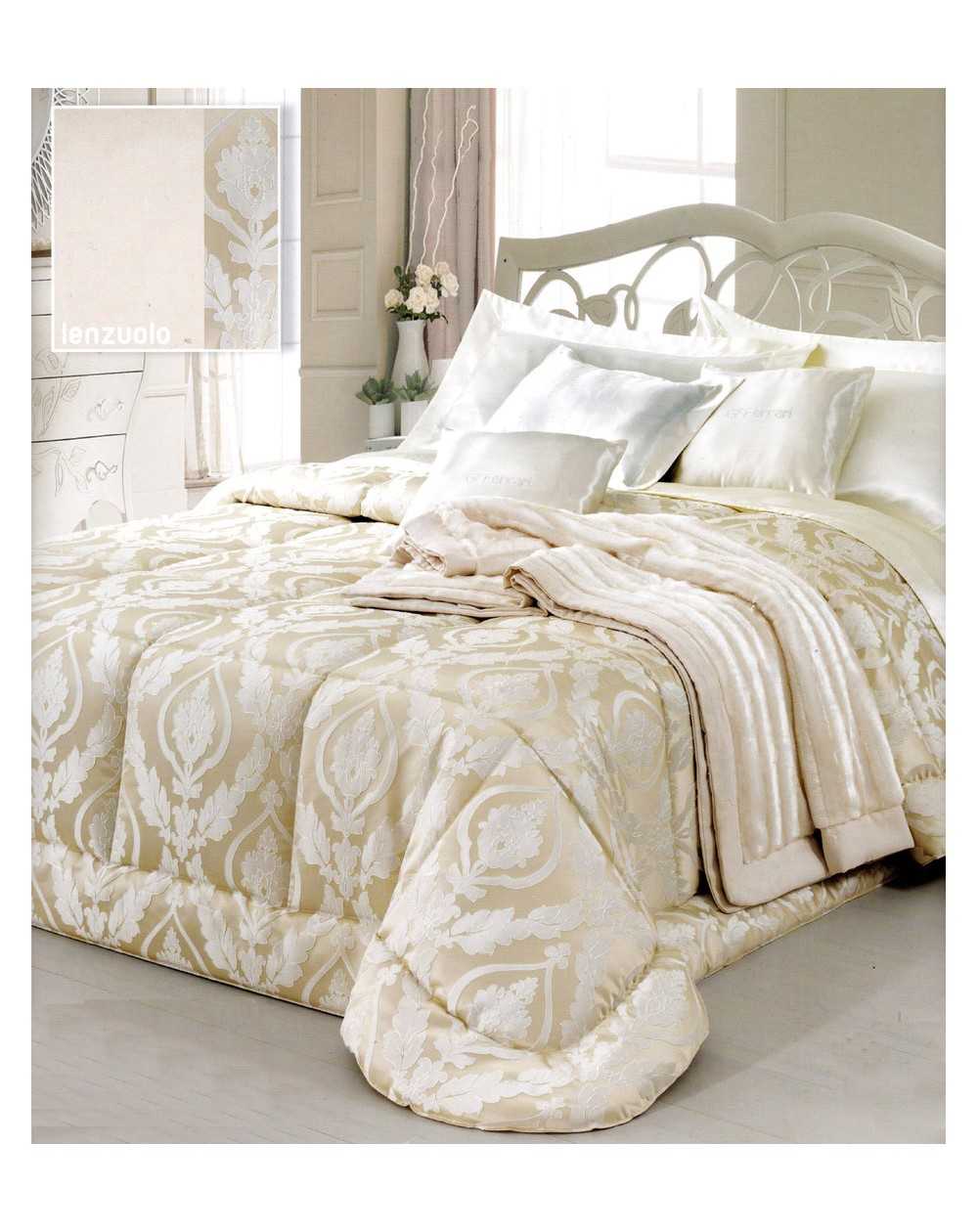 Elegante Copriletto Trapuntato Matrimoniale Trapuntino Jacquard Sissi Avorio GFF stile BAROCCO