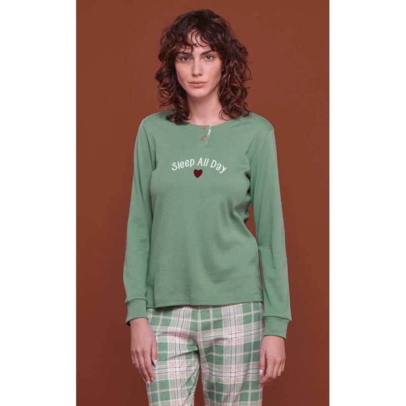 Women's Pyjamas in Warm Green Cotton with Plaid Pants Noidinotte Women's Pyjamas in Warm Green Cotton with Plaid Pants Noidinotte