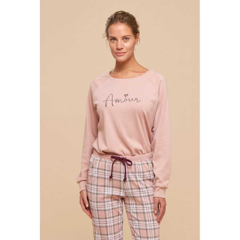 Women's Pyjamas in Warm Pink Fleece Cotton with Plaid Pants Noidinotte Women's Pyjamas in Warm Pink Fleece Cotton with Plaid Pants Noidinotte